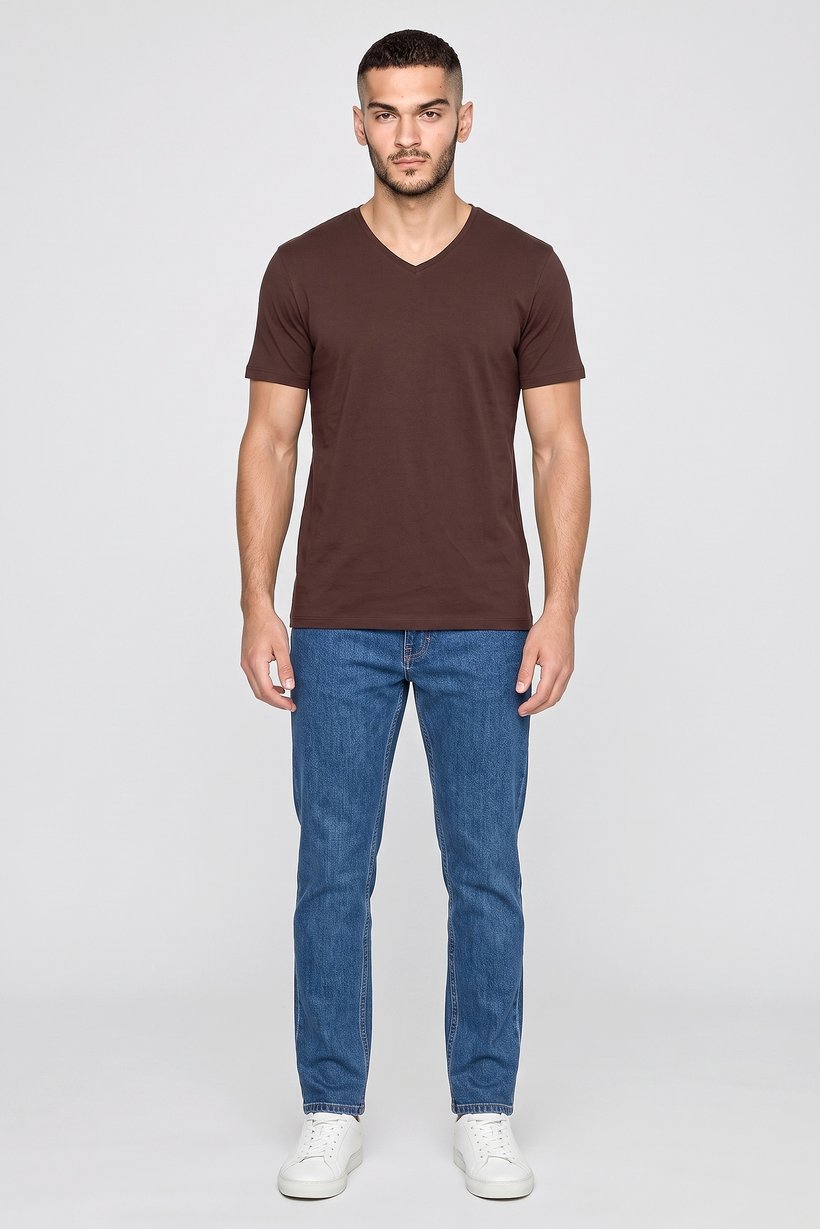 Men V Neck Short Sleeve Plain T-Shirt, Brown