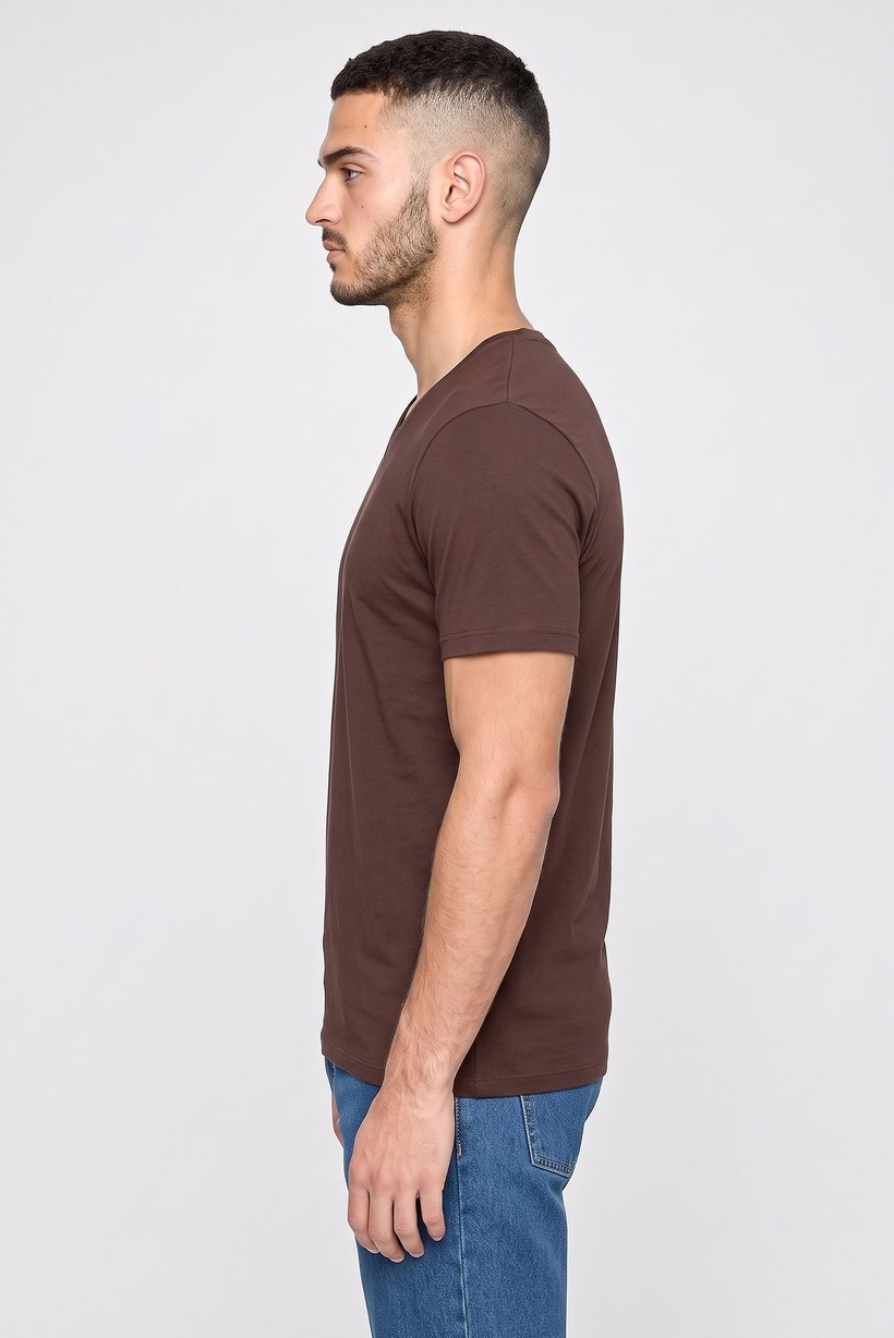 Men V Neck Short Sleeve Plain T-Shirt, Brown