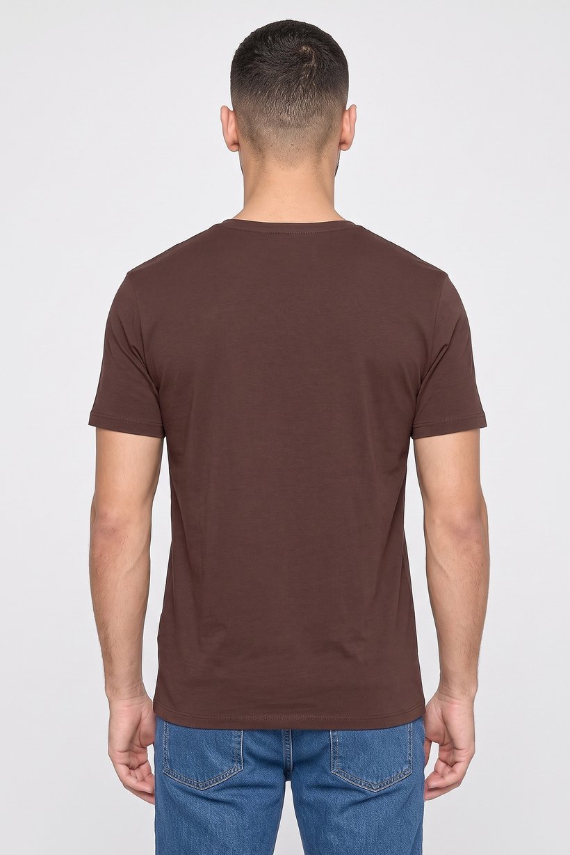 Men V Neck Short Sleeve Plain T-Shirt, Brown