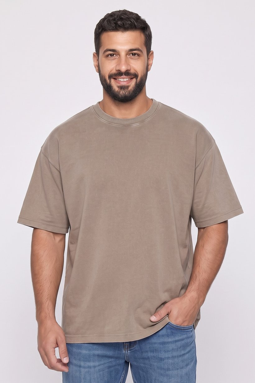 Men Oversized Fit Short Sleeve Solid T-Shirt, Beige