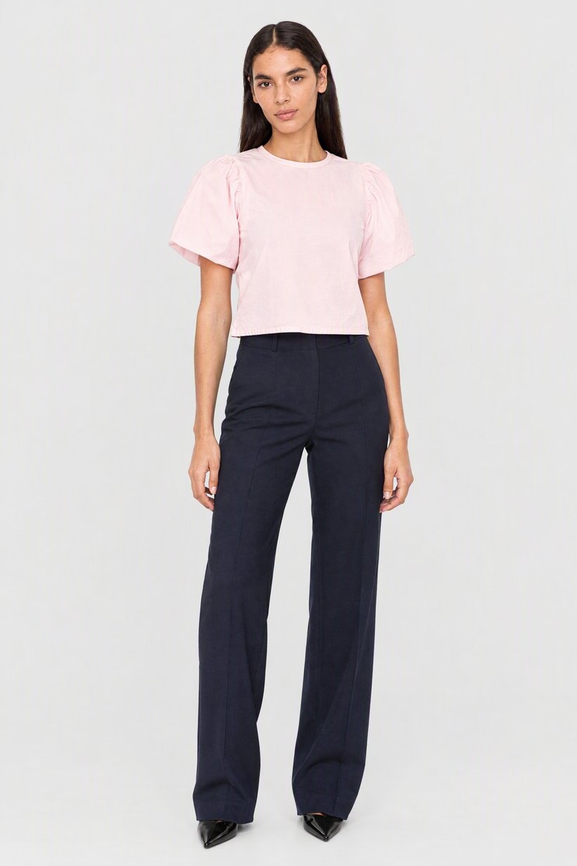 Women Round Neck Balloon Sleeve Plain Blouse, Pink