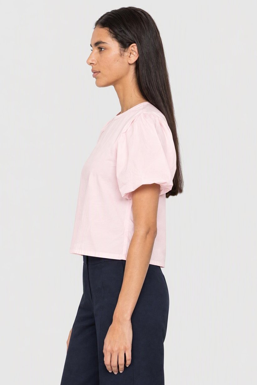 Women Round Neck Balloon Sleeve Plain Blouse, Pink