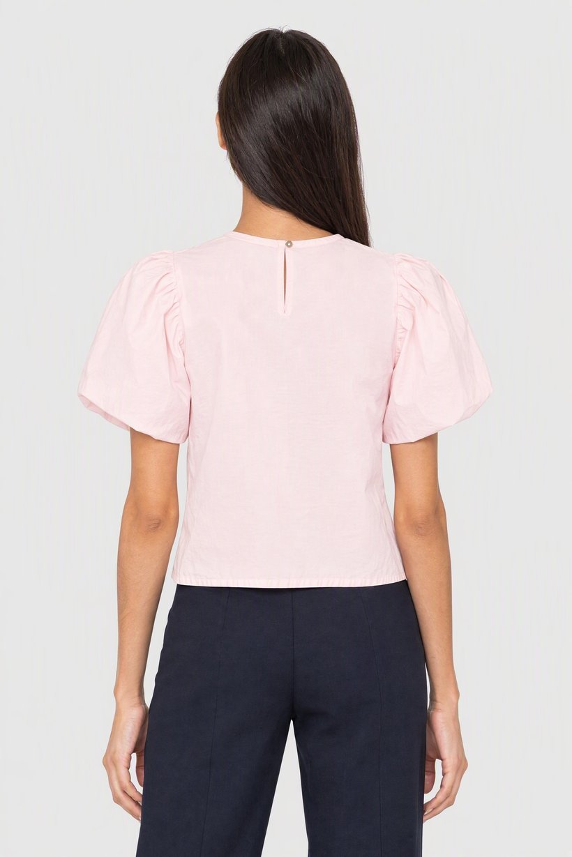 Women Round Neck Balloon Sleeve Plain Blouse, Pink