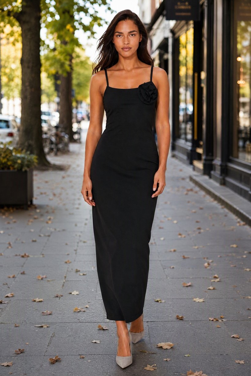Women Solid Maxi Dress, Black