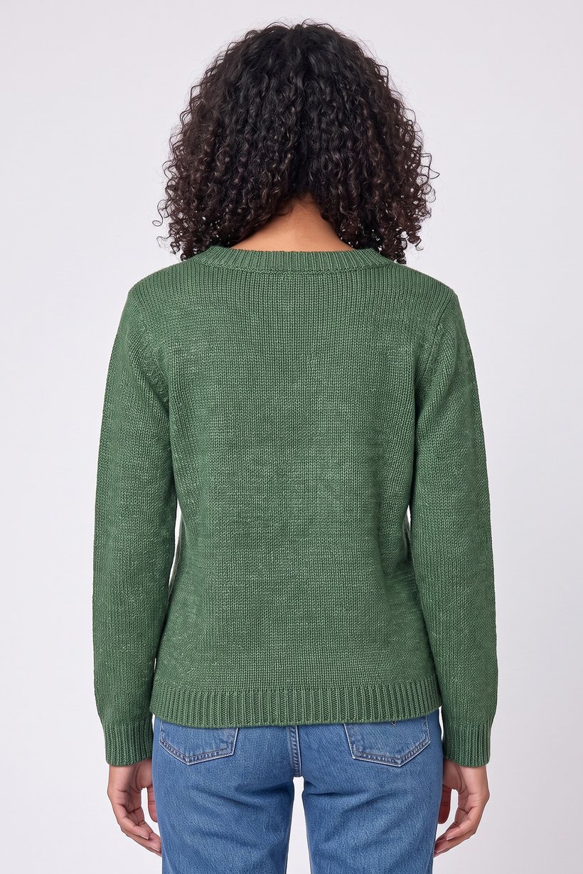 Women V-Neck Knitted Sweater, Green
