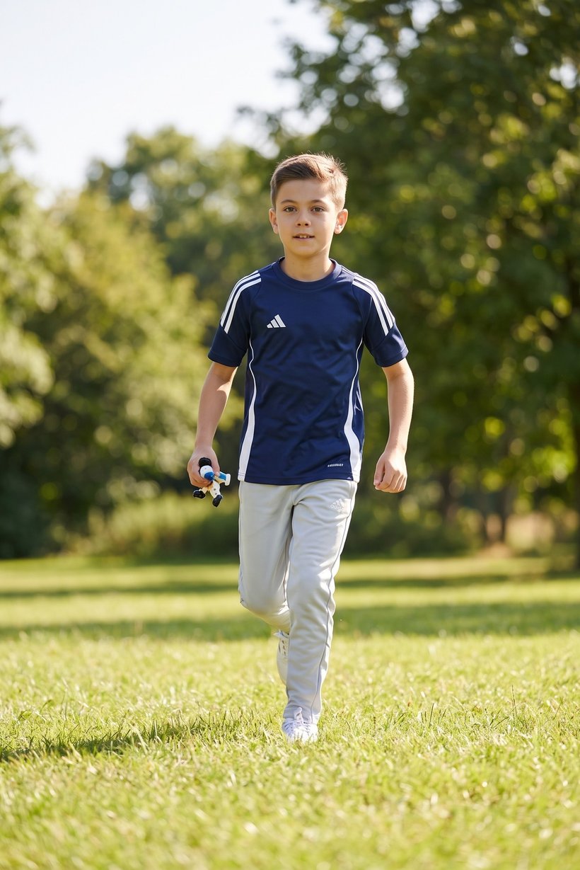 Kids Boy Embroidered Logo Short Sleeve Training T-Shirt, Navy Blue
