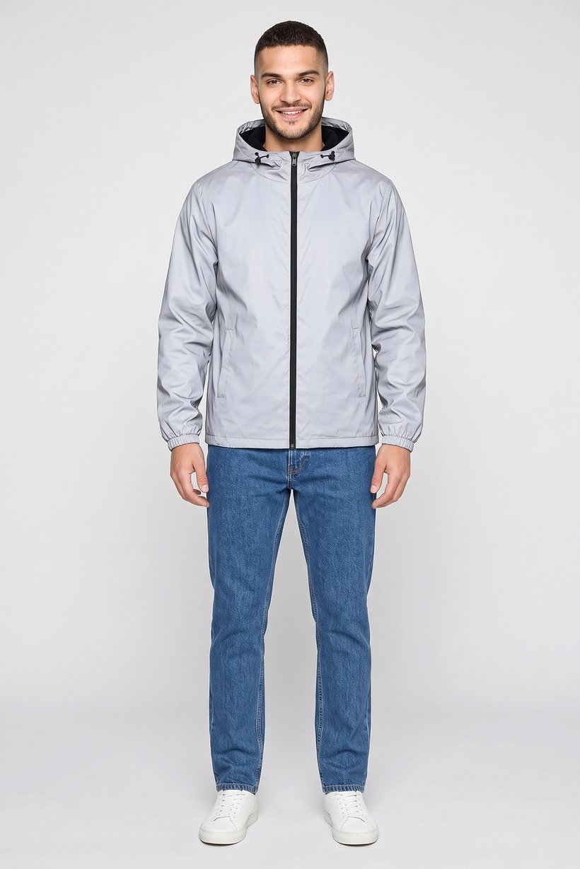 Men Hood Long Sleeve Plain Windbreaker Jacket, Grey