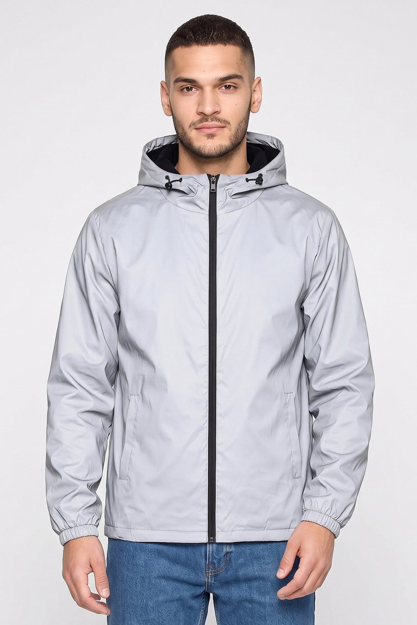 Men Hood Long Sleeve Plain Windbreaker Jacket, Grey