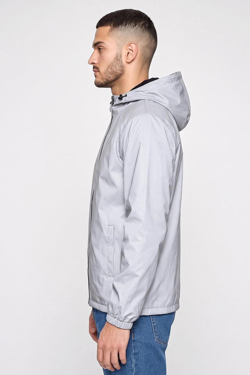 Men Hood Long Sleeve Plain Windbreaker Jacket, Grey
