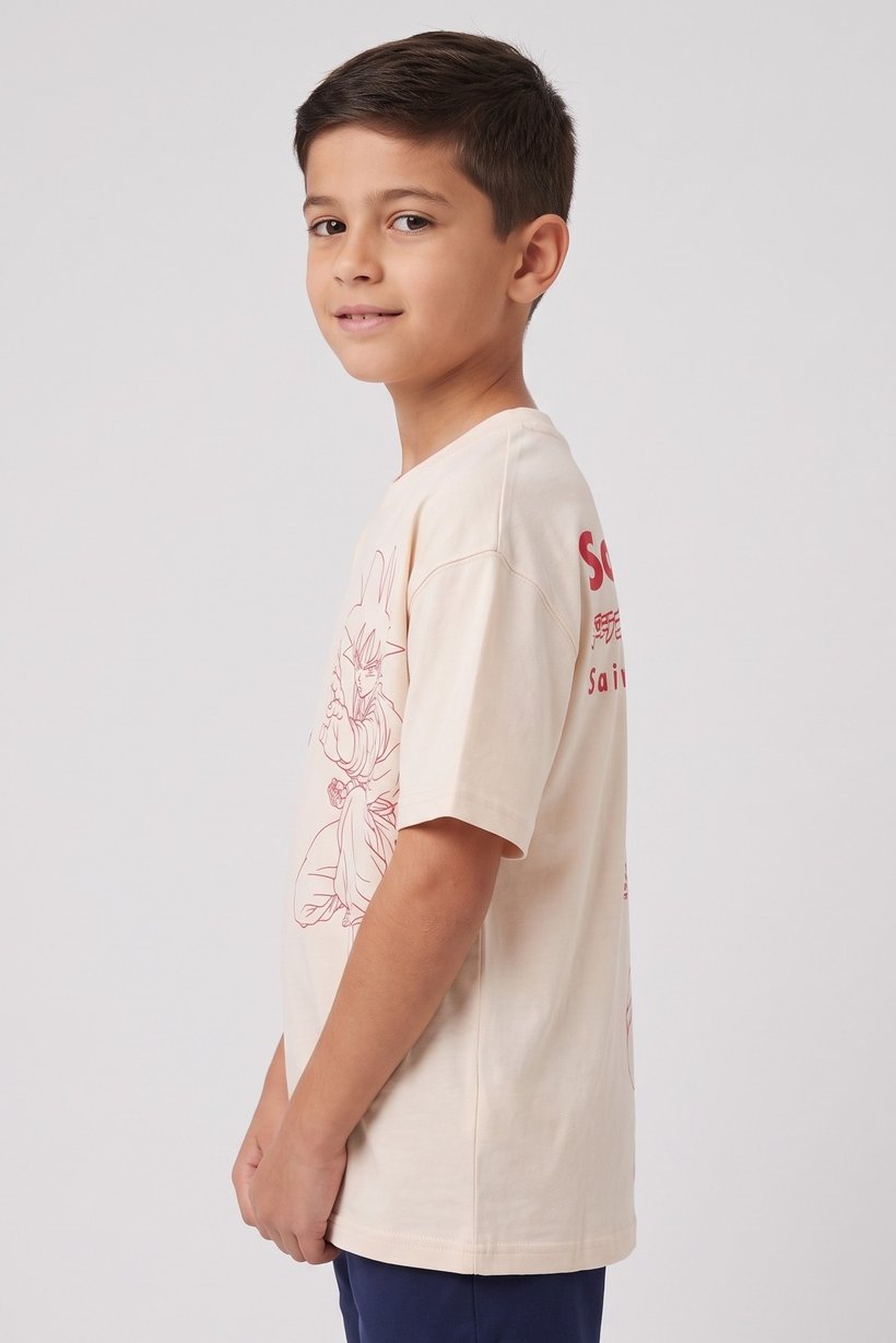 Kids Boy Oversize Crew Neck Short Sleeve Graphic Print T-Shirt, Beige