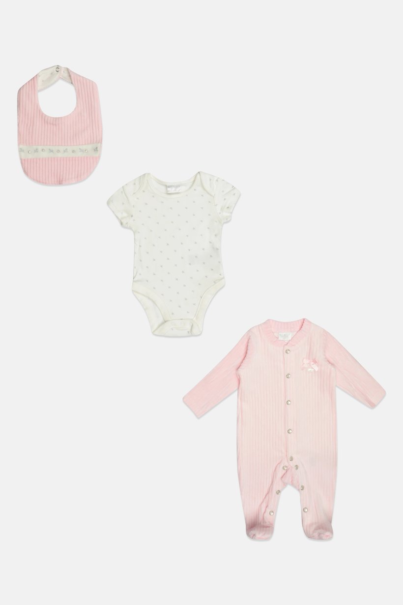 Toddlers Girl 3 Pcs Allover Print Bodysuit And Rompers With Bib, Multicolor