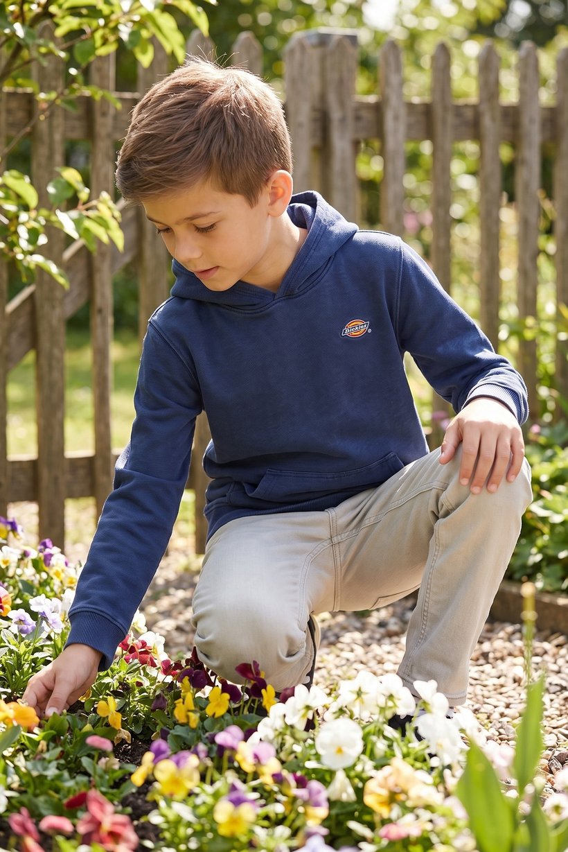 Kids Boy Embroidered Logo Long Sleeve Hoodie, Indigo Blue