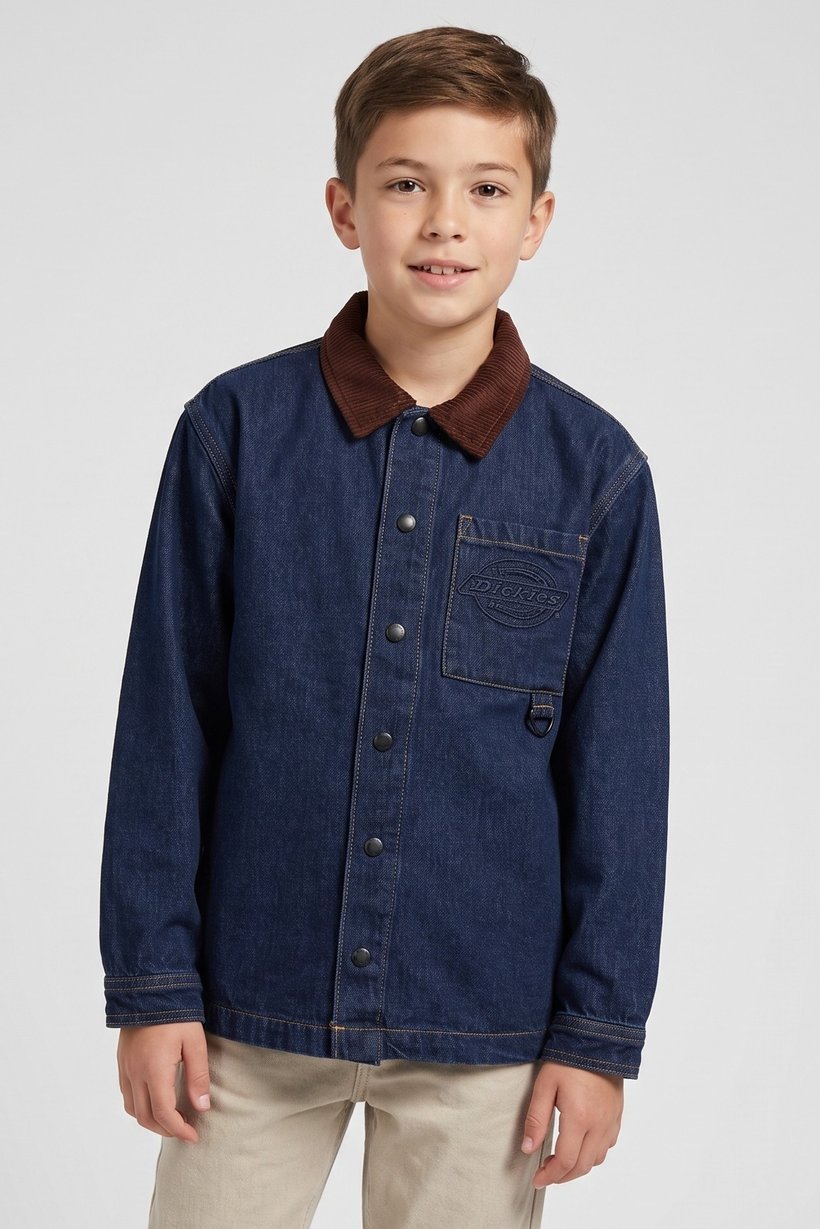 Kids Boy Brand Logo Denim Jacket Shirt, Dark Navy