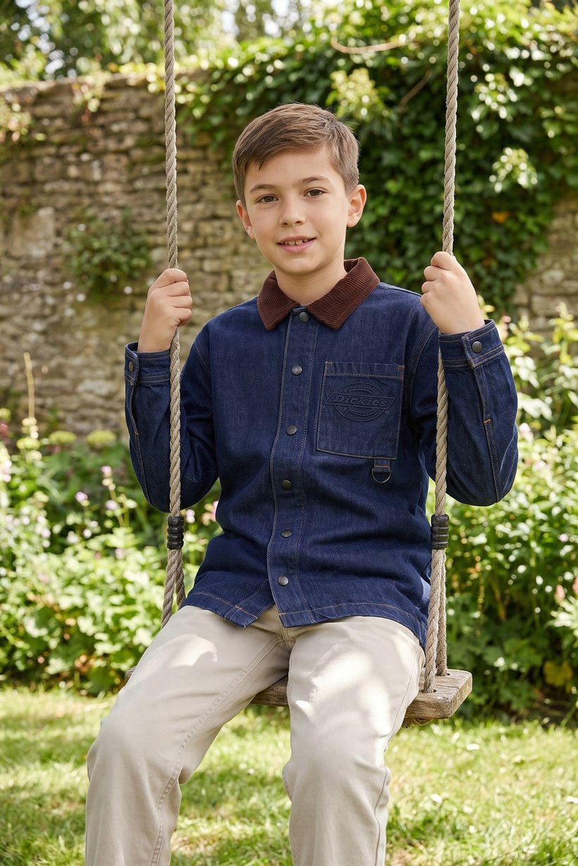 Kids Boy Brand Logo Denim Jacket Shirt, Dark Navy