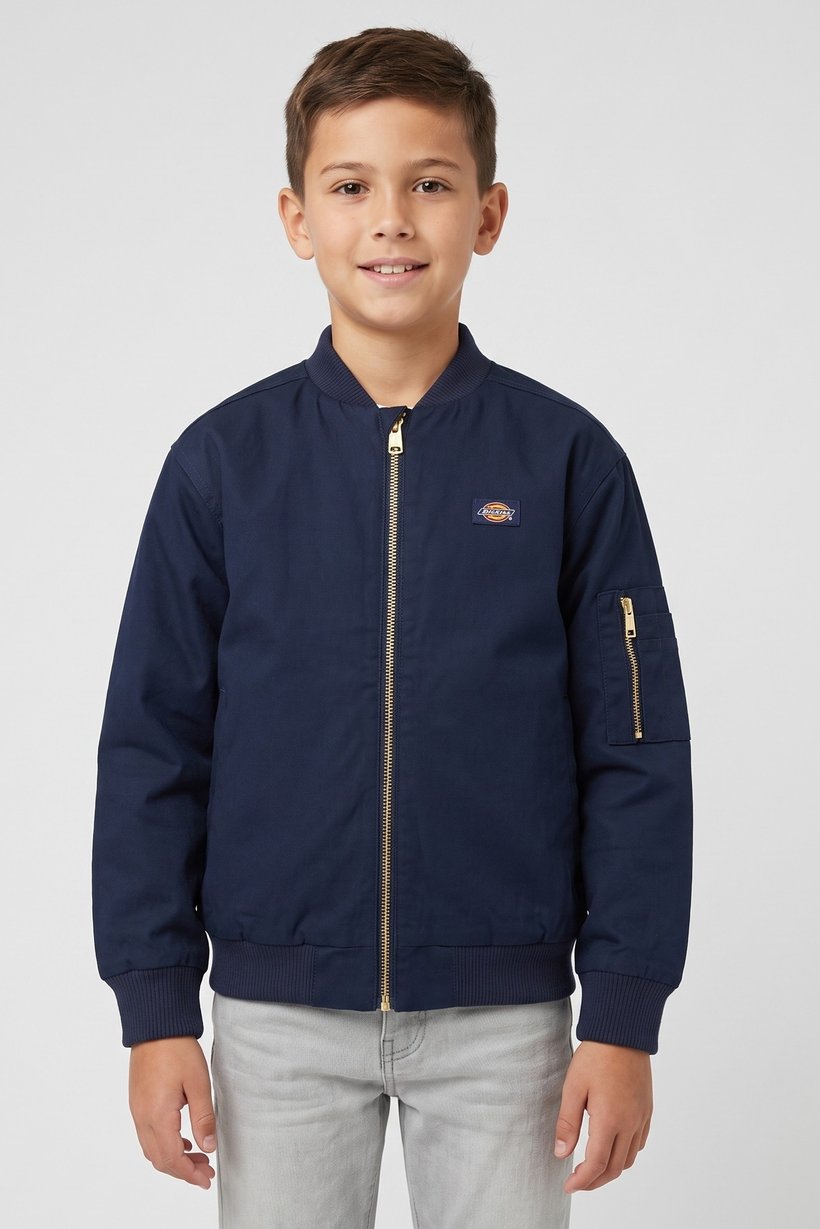 Kids Boy Embroidered Logo Bomber Jacket, Navy Blue