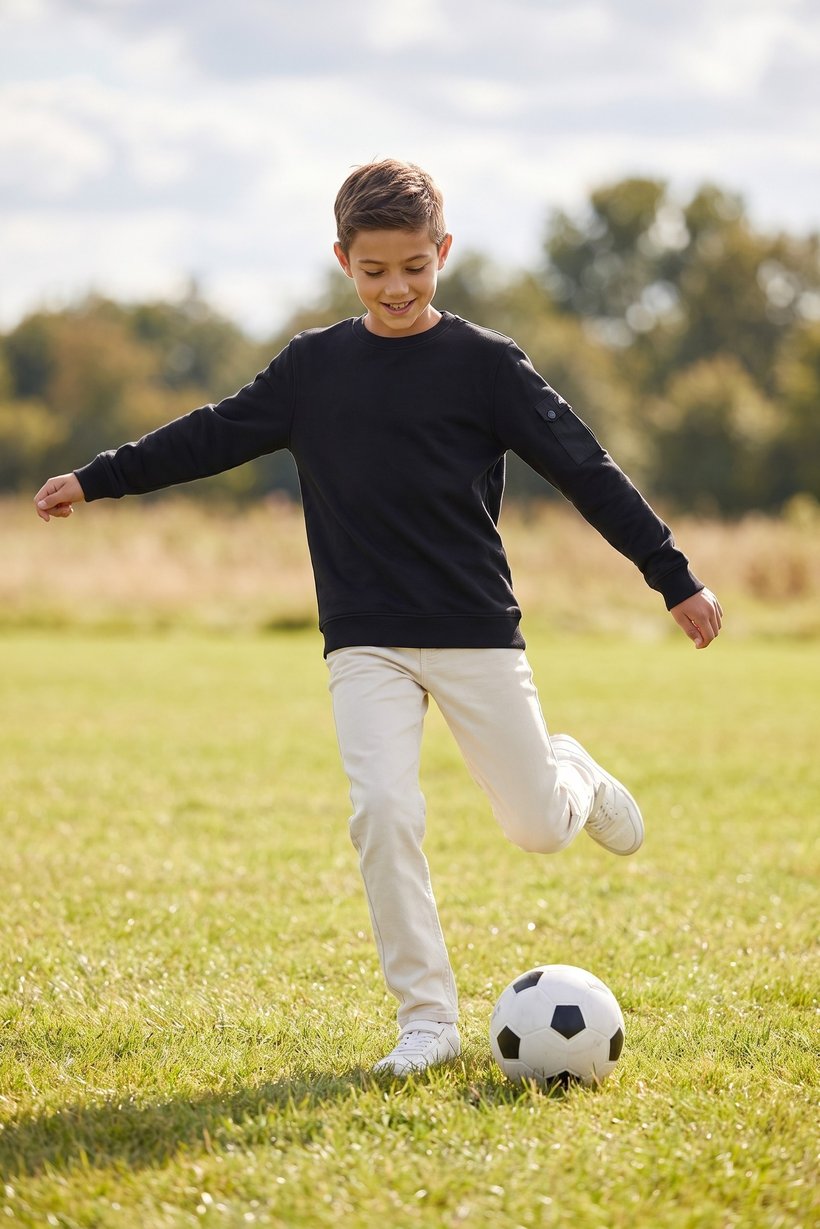 Kids Boy Crew Neck Long Sleeve Embroidered Logo Sweatshirt, Black