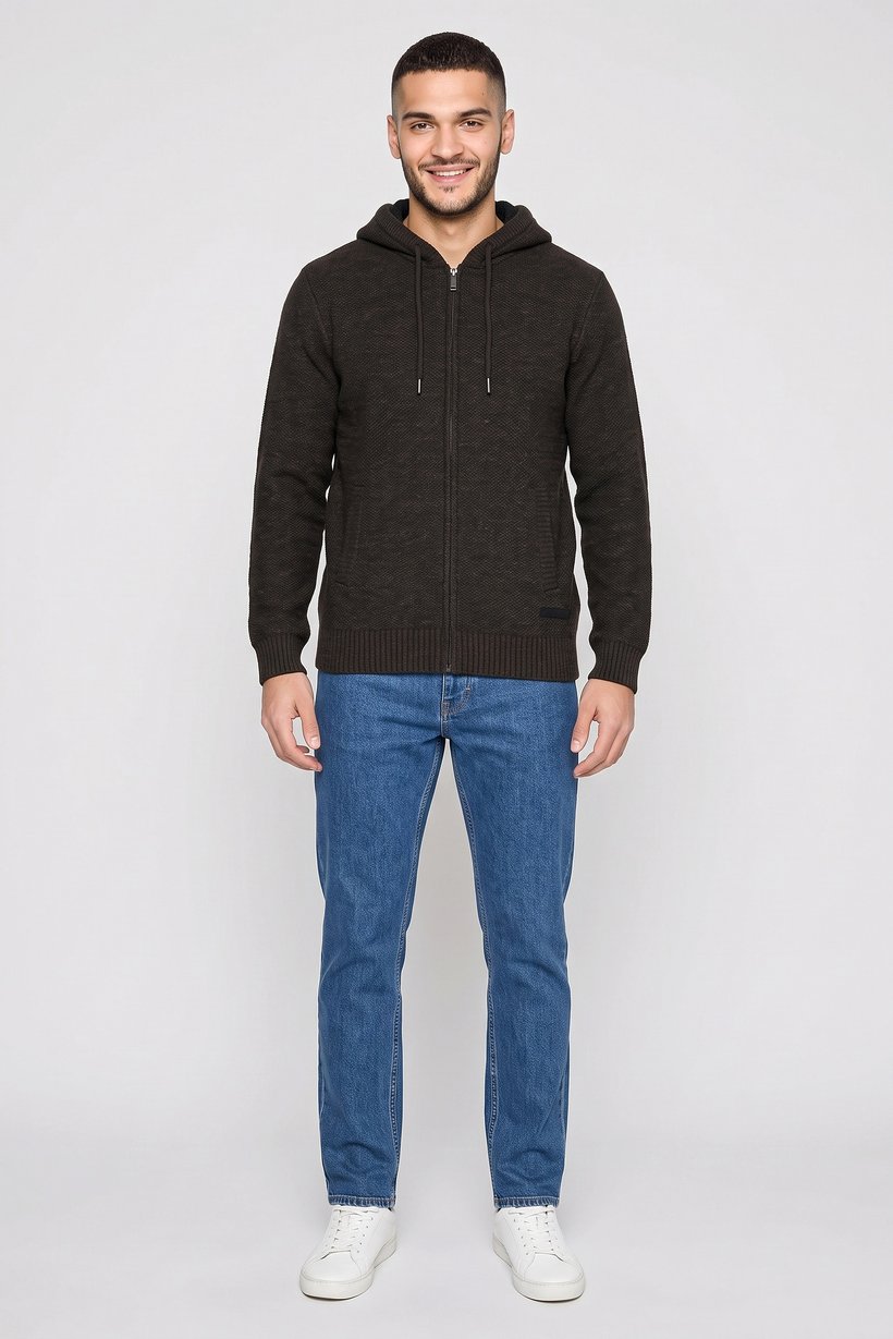 Men Heather Long Sleeve Knitted Hoodies, Khaki Melange