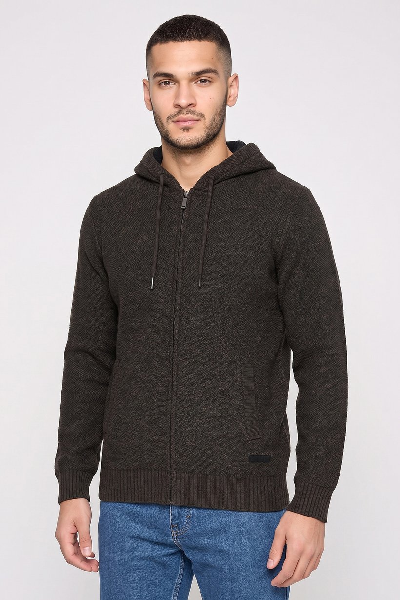 Men Heather Long Sleeve Knitted Hoodies, Khaki Melange