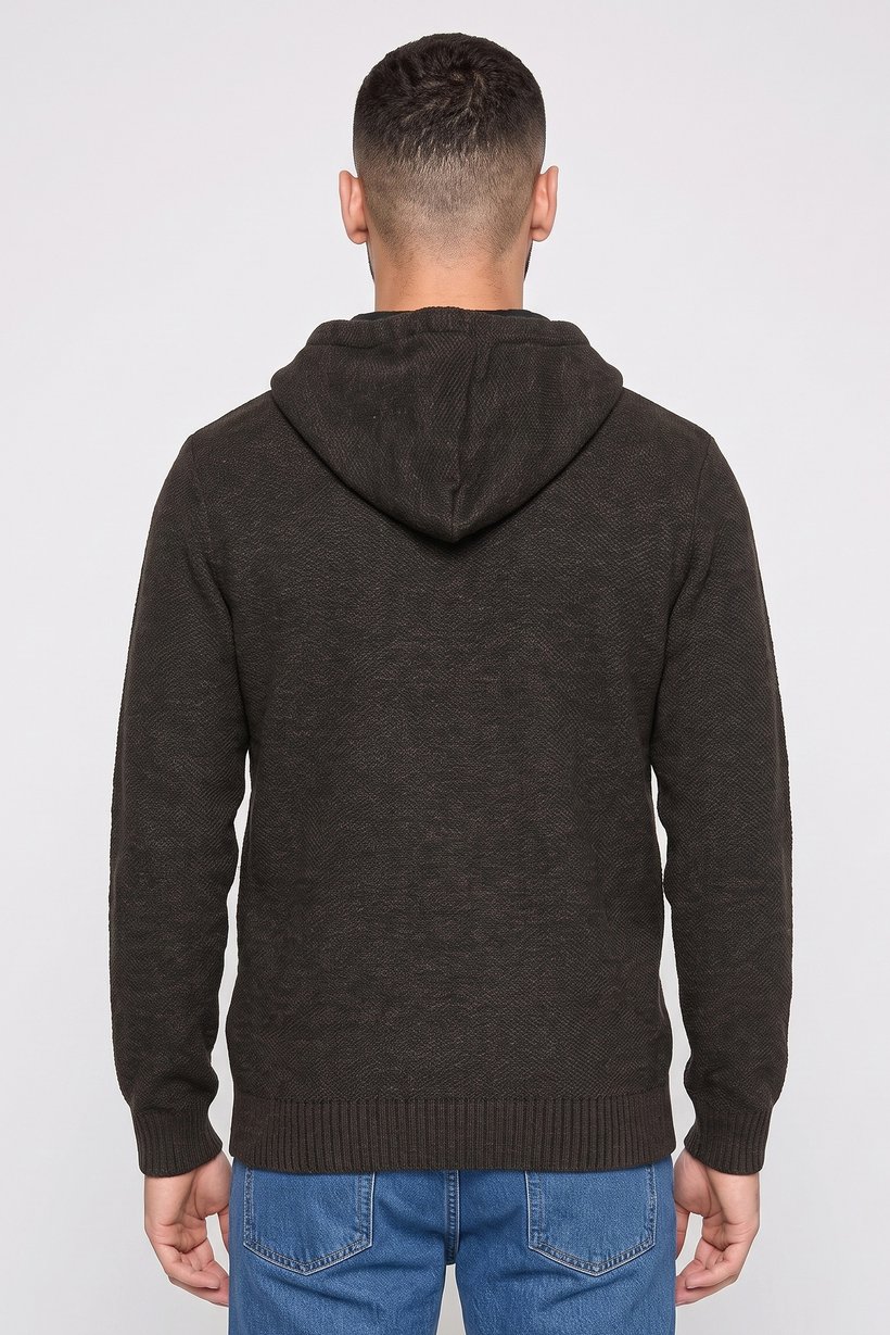 Men Heather Long Sleeve Knitted Hoodies, Khaki Melange