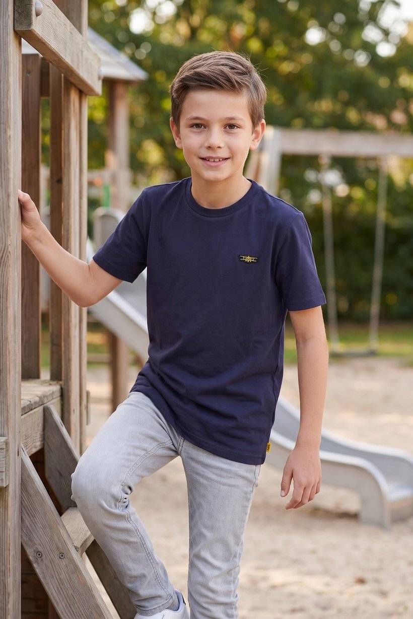 Kids Boy Crew Neck Short Sleeve Embroidered Logo T-Shirt, Navy