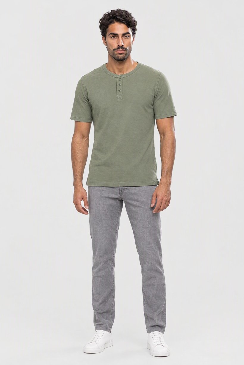 Men Henley Neck Short Sleeve Textured T-Shirt, Green