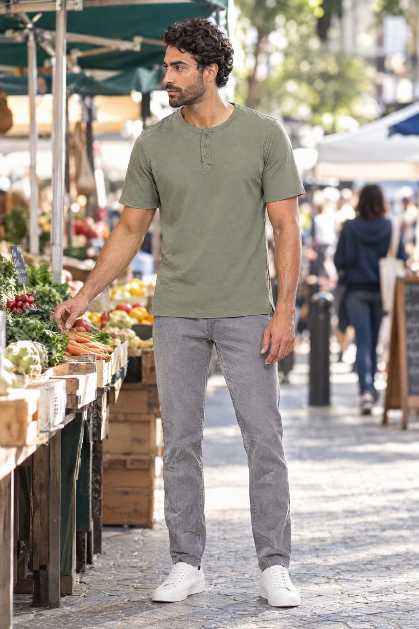 Men Henley Neck Short Sleeve Textured T-Shirt, Green