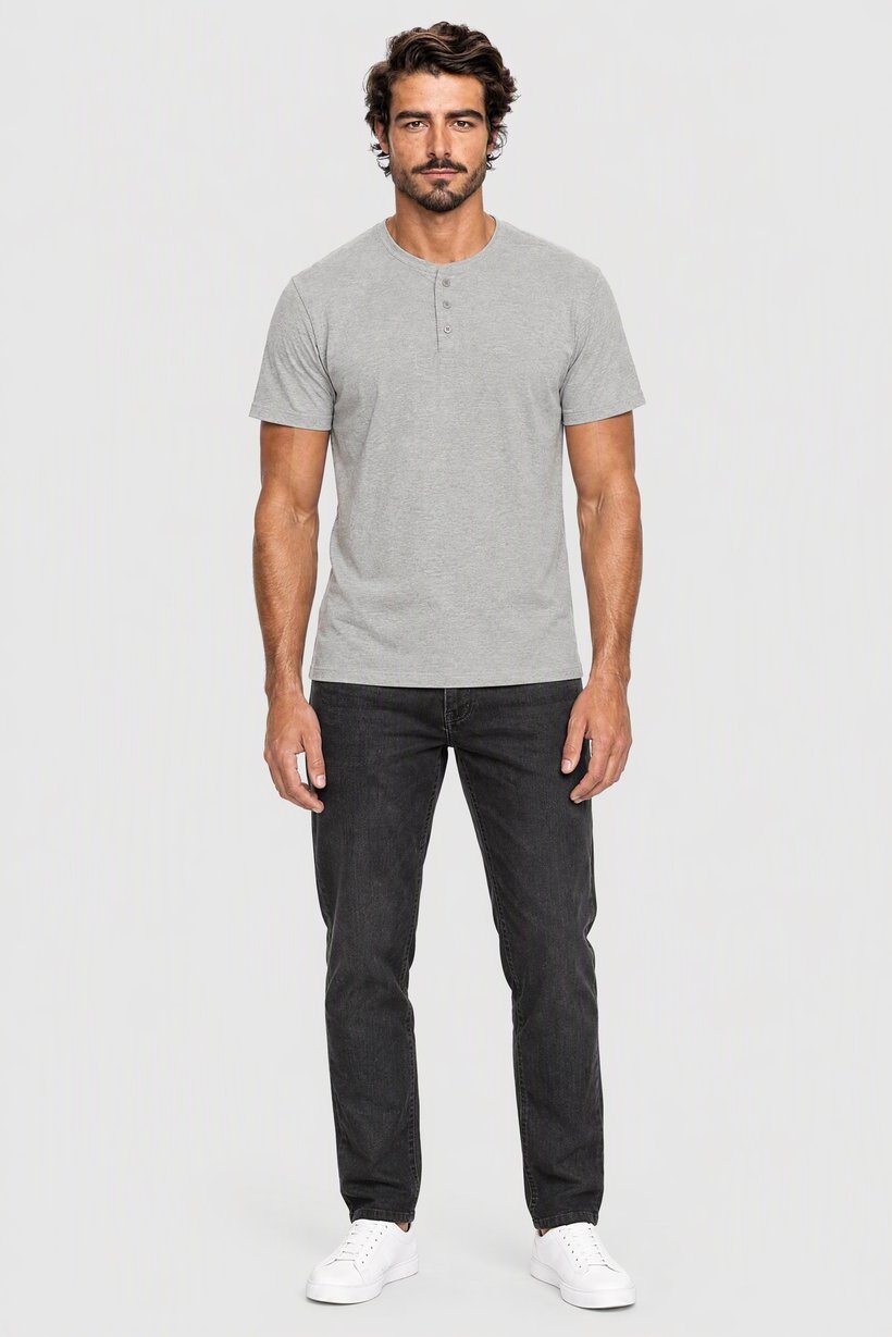 Men Henley Neck Long Sleeve Heather T-Shirt, Grey