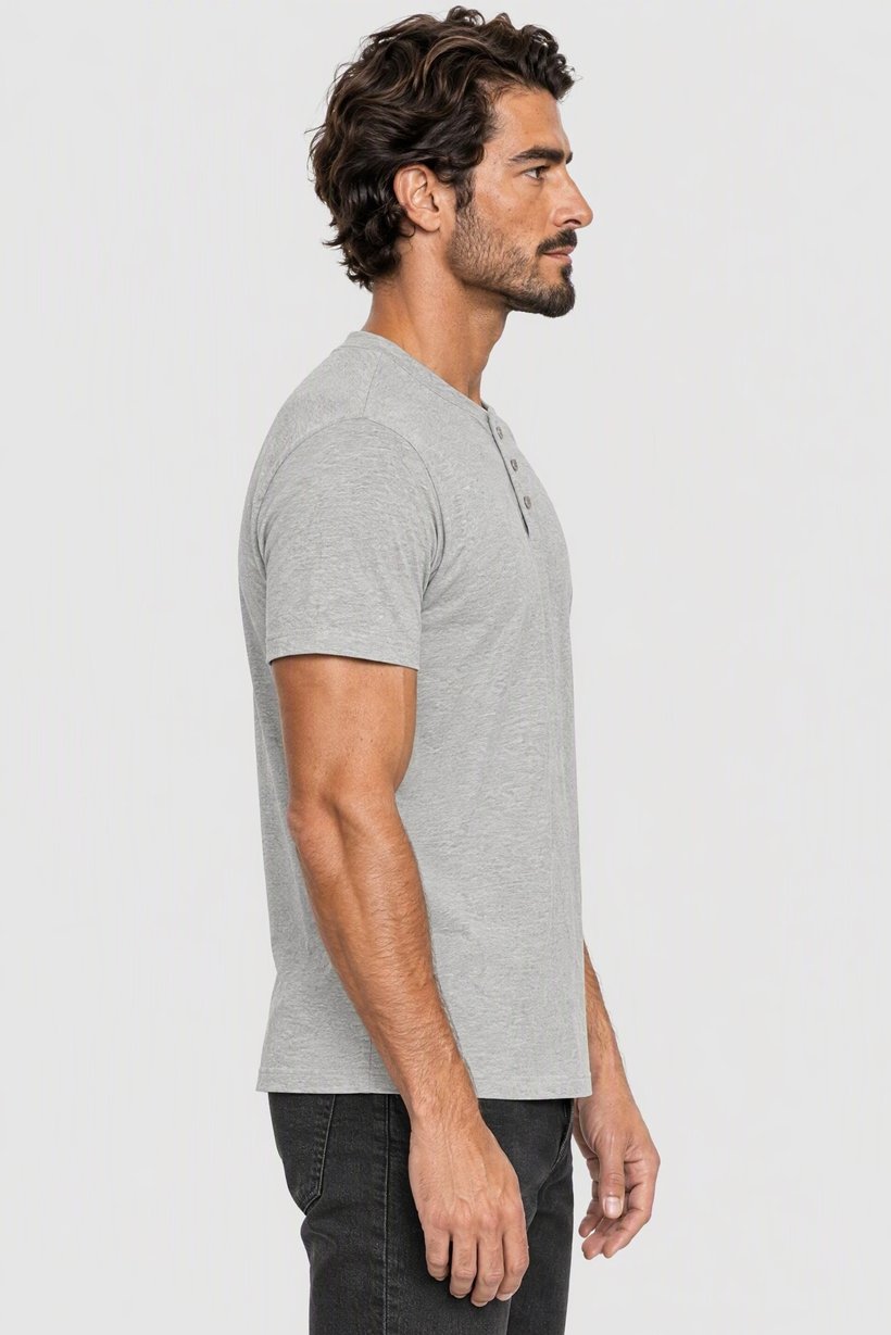 Men Henley Neck Long Sleeve Heather T-Shirt, Grey