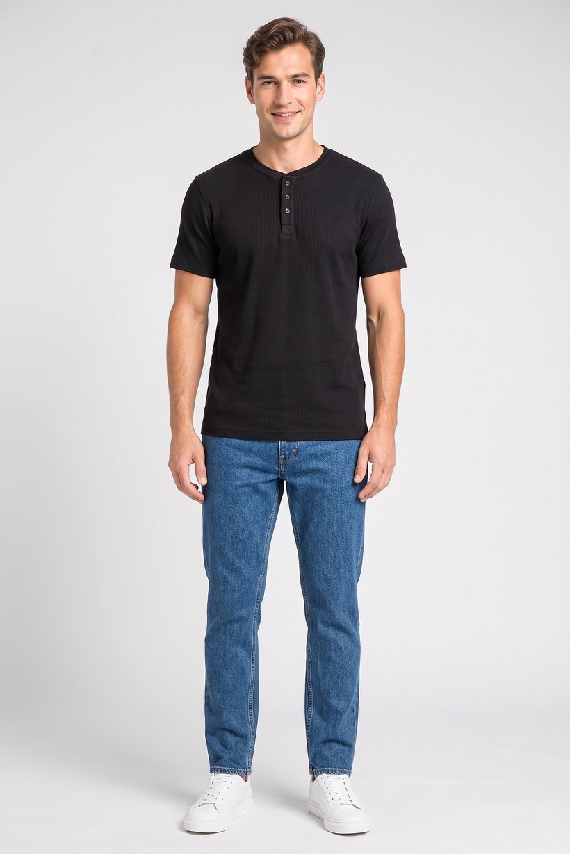 Men Henley Neck Short Sleeve Plain T-Shirt, Black