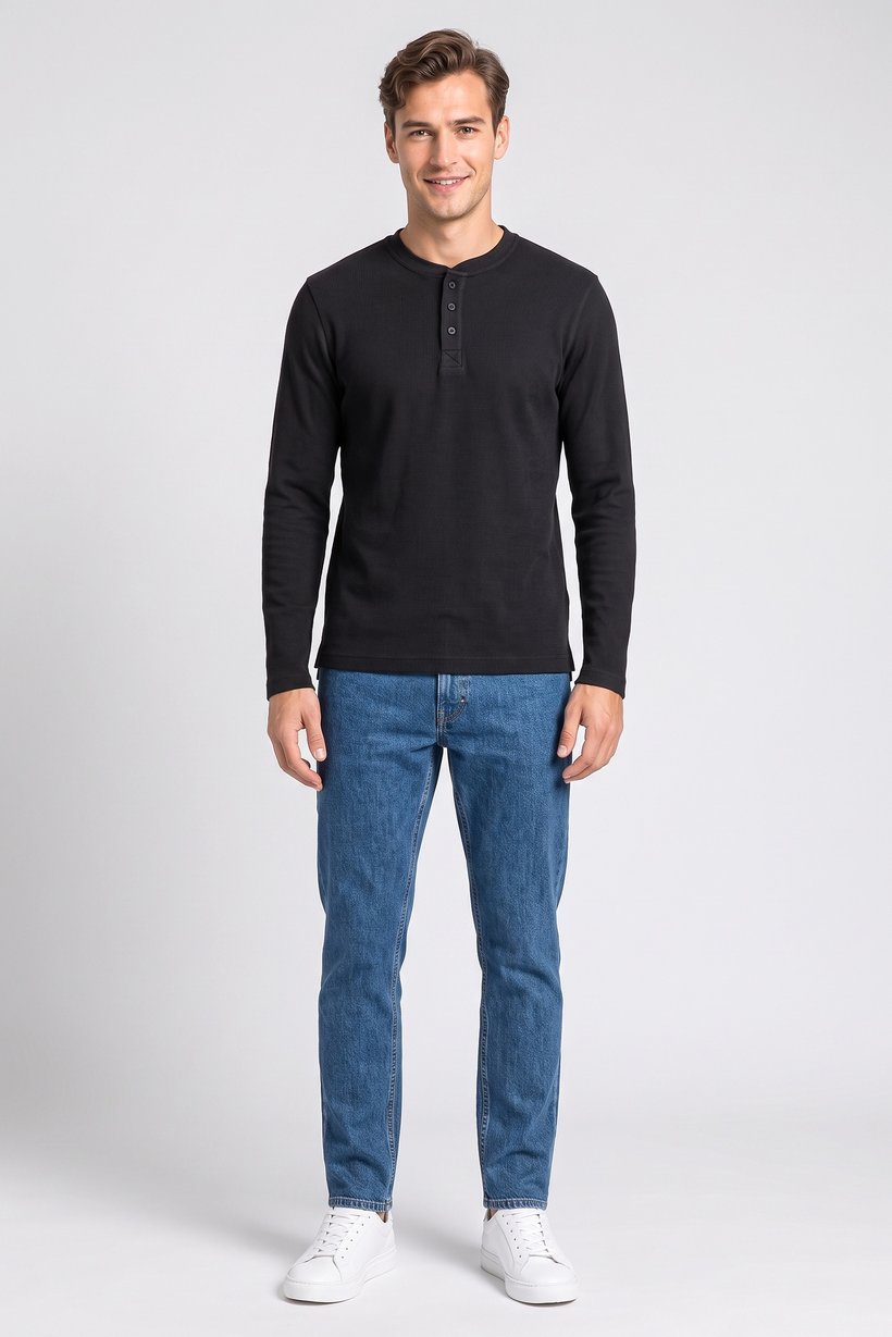 Men Henley Neck Long Sleeve Textured T-Shirt, Navy
