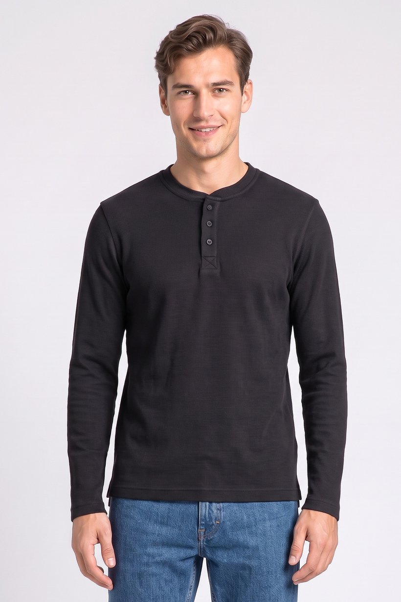 Men Henley Neck Long Sleeve Textured T-Shirt, Navy
