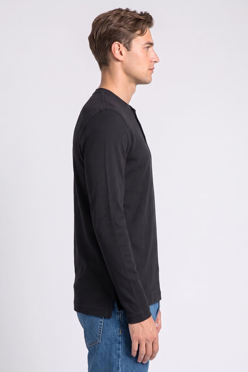 Men Henley Neck Long Sleeve Textured T-Shirt, Navy