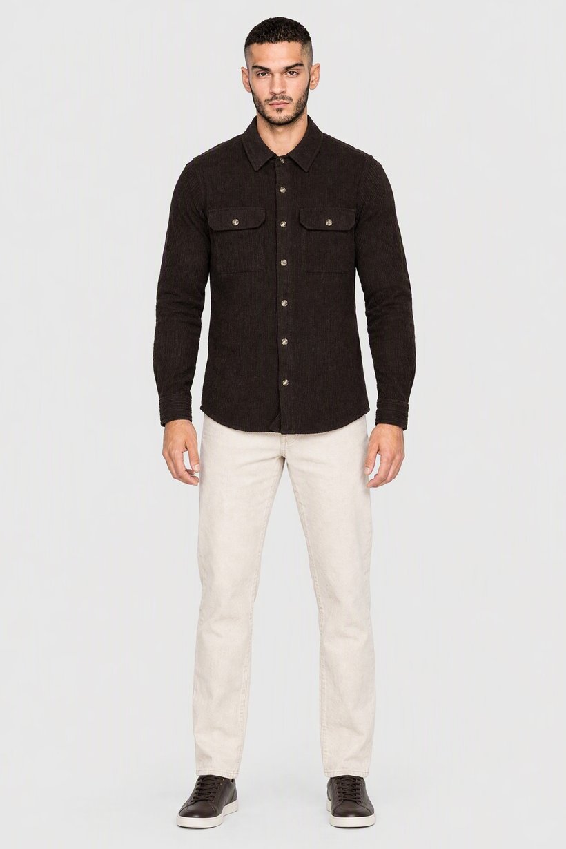 Men Regular Fit Textured Long Sleeve Corduroy Shirt, Chocolate Brown