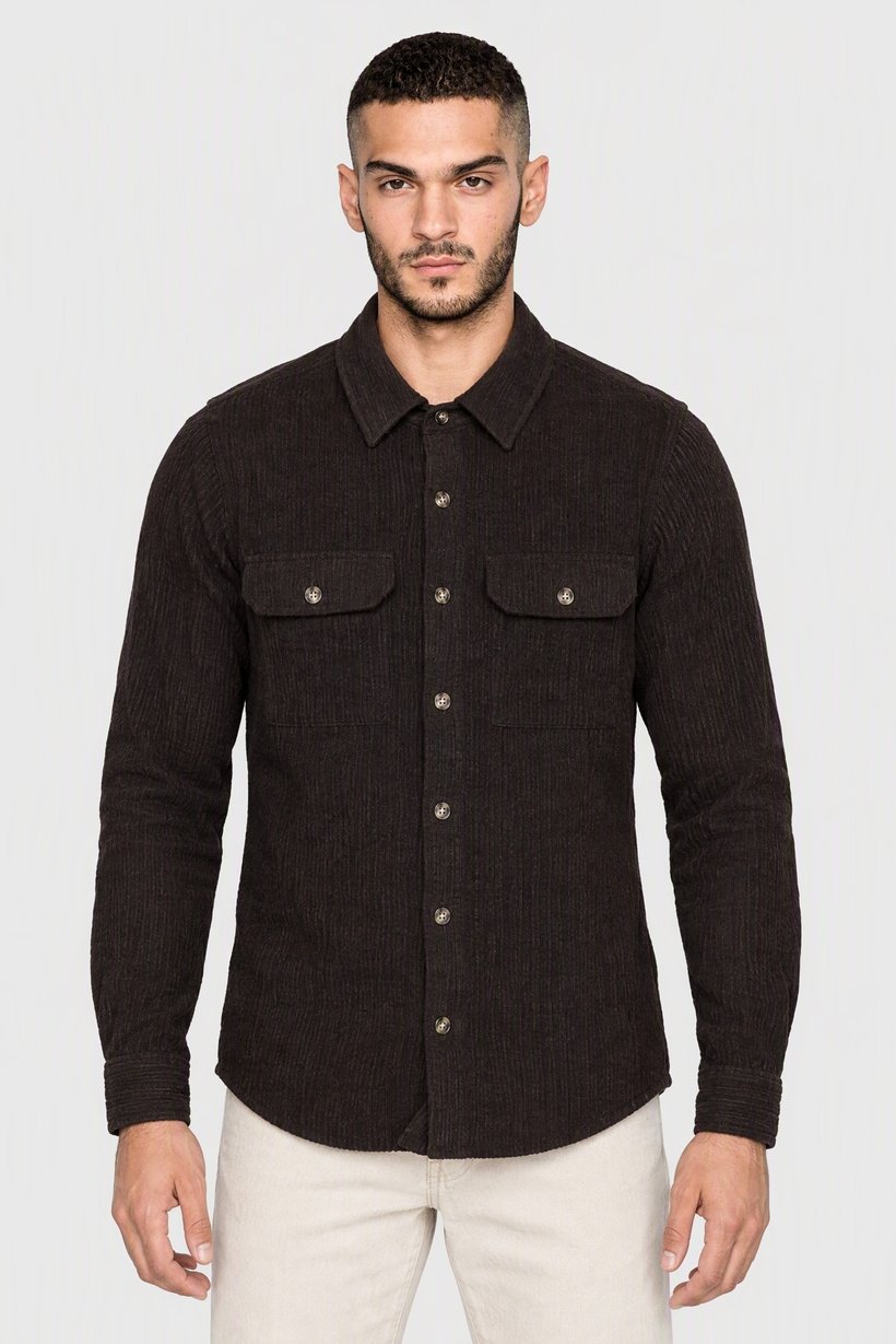 Men Regular Fit Textured Long Sleeve Corduroy Shirt, Chocolate Brown