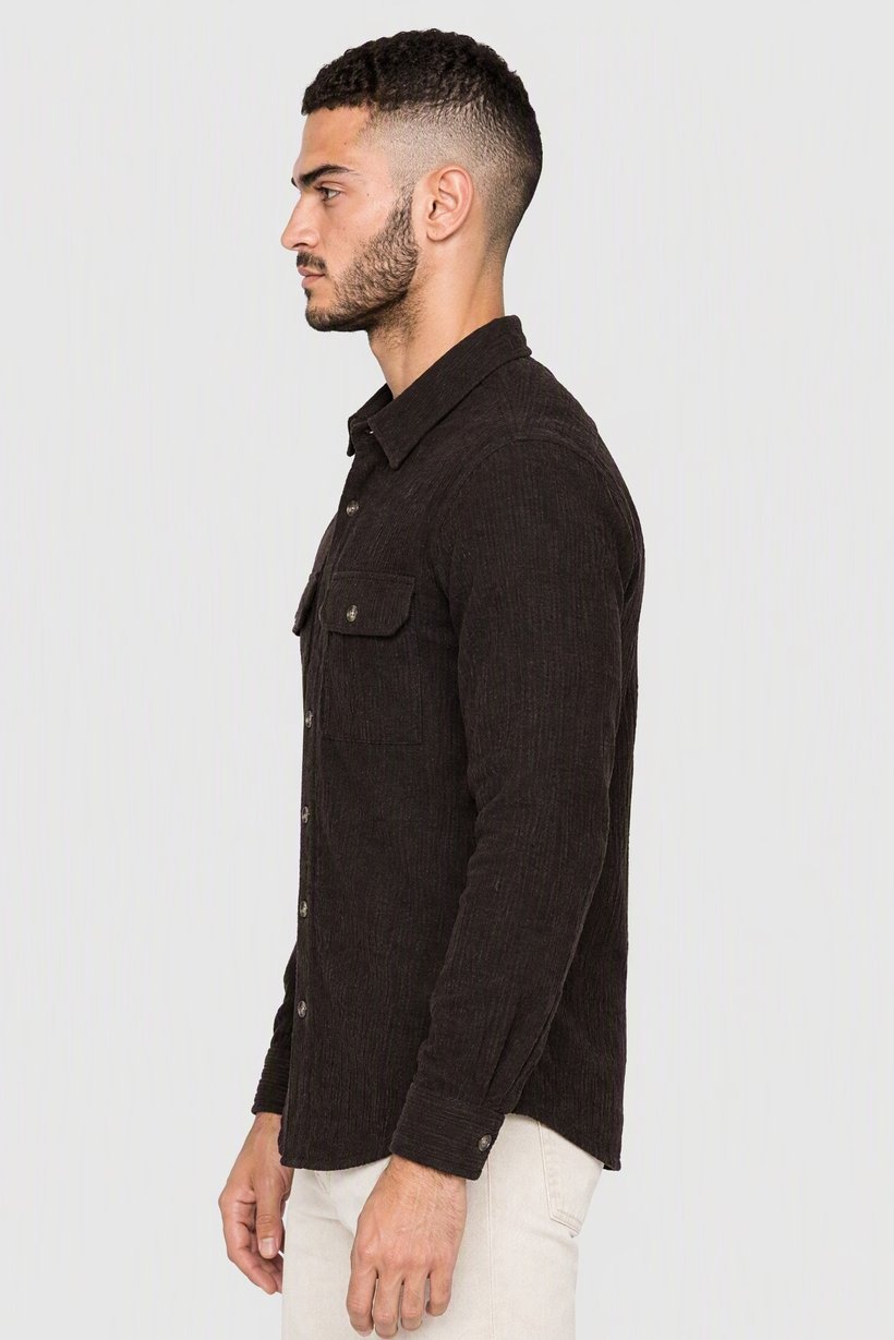 Men Regular Fit Textured Long Sleeve Corduroy Shirt, Chocolate Brown