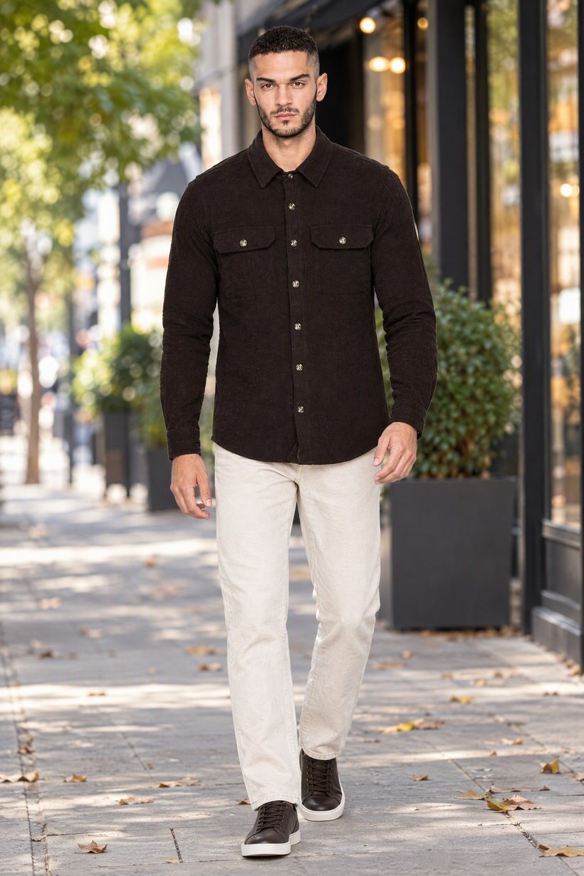 Men Regular Fit Textured Long Sleeve Corduroy Shirt, Chocolate Brown
