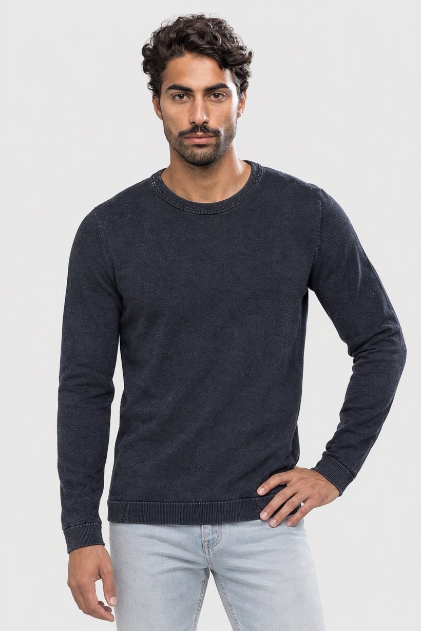 Men Crew Neck Knitted Sweater, Denim Navy