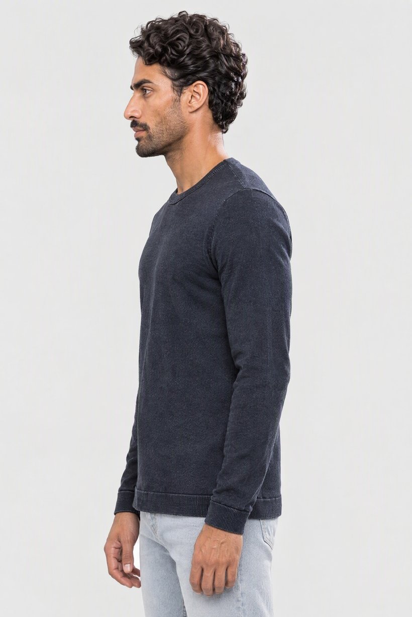 Men Crew Neck Knitted Sweater, Denim Navy