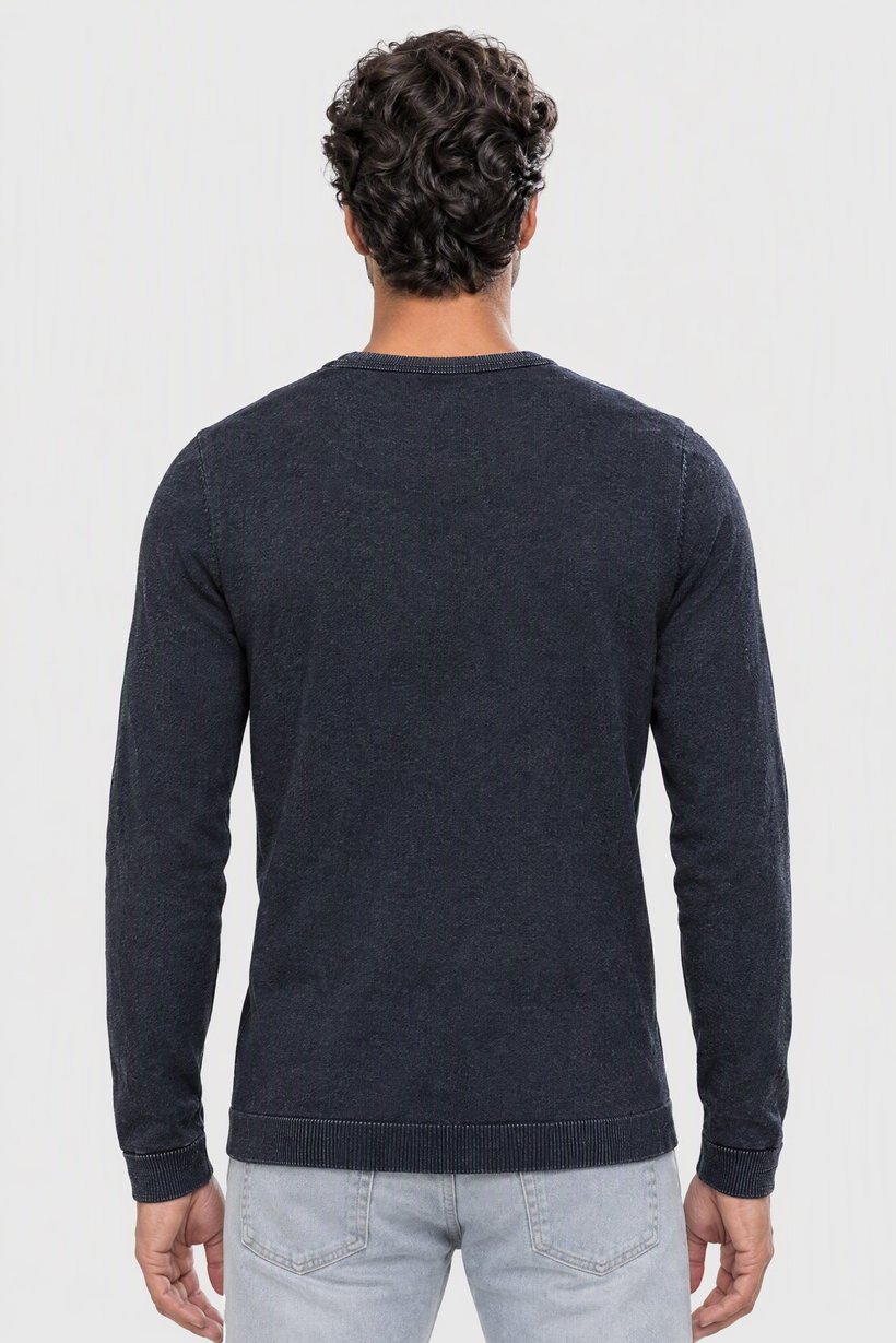 Men Crew Neck Knitted Sweater, Denim Navy