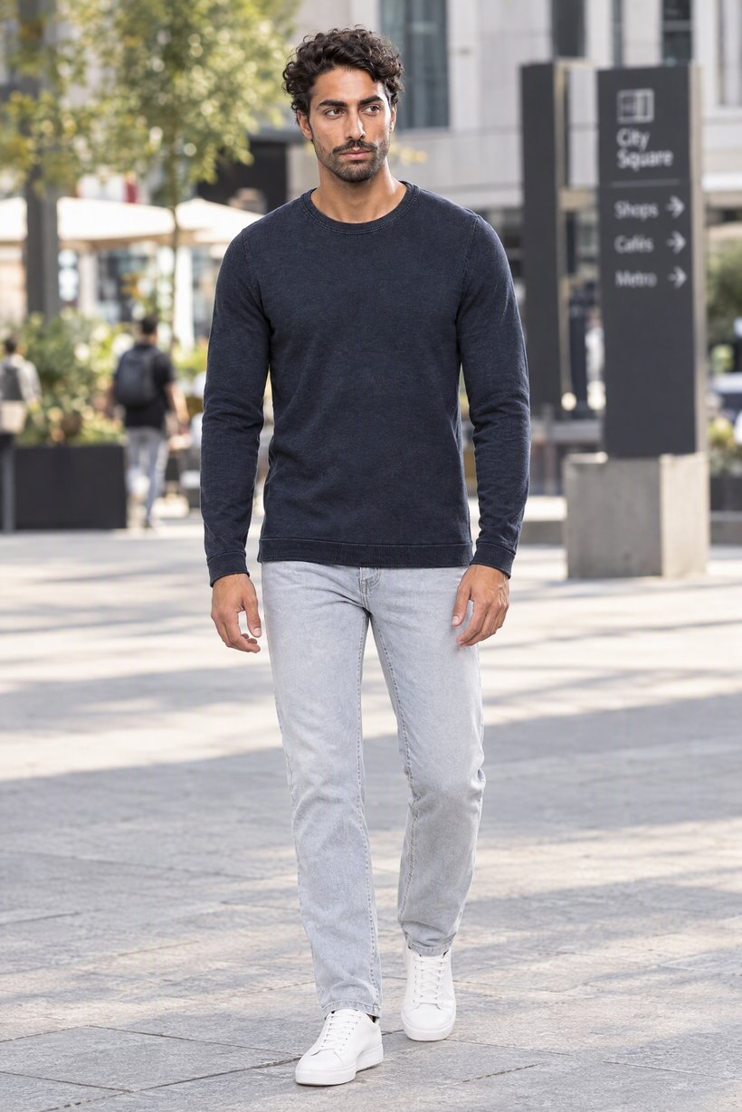 Men Crew Neck Knitted Sweater, Denim Navy