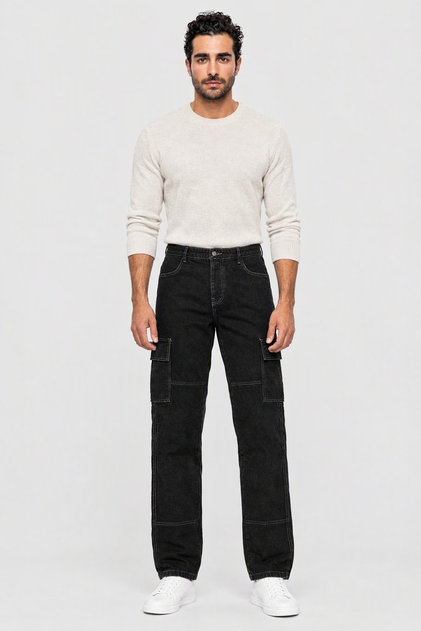 Men Loose Fit Solid No Stretch Cargo Jeans, Charcoal