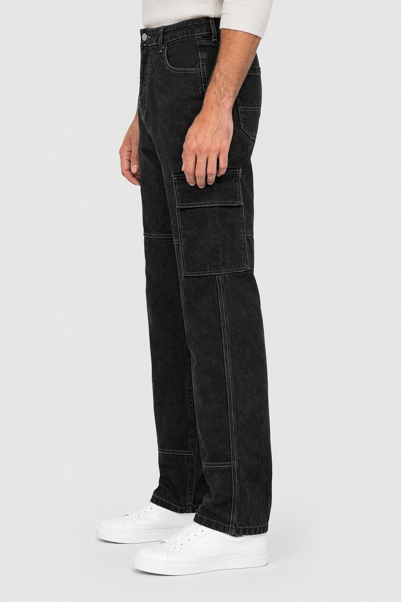 Men Loose Fit Solid No Stretch Cargo Jeans, Charcoal