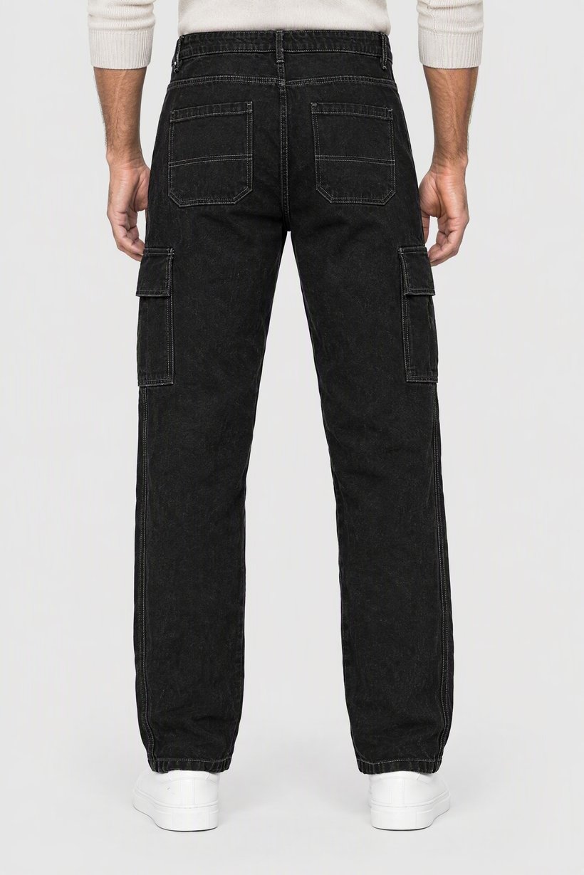 Men Loose Fit Solid No Stretch Cargo Jeans, Charcoal