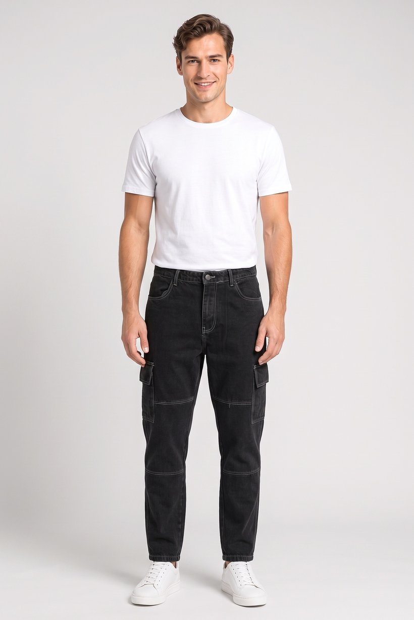 Men Loose Fit Solid No Stretch Cargo Jeans, Charcoal