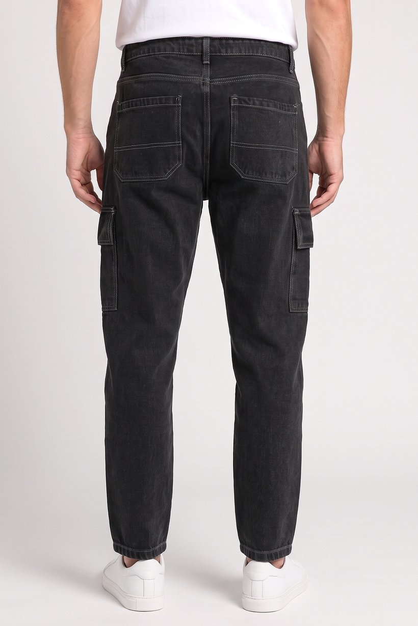 Men Loose Fit Solid No Stretch Cargo Jeans, Charcoal