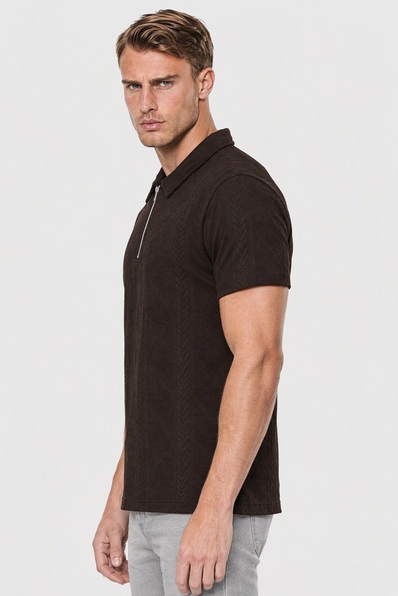 Men Regular Fit Textured Short Sleeve Half Zip Polo, Chocolate Brown