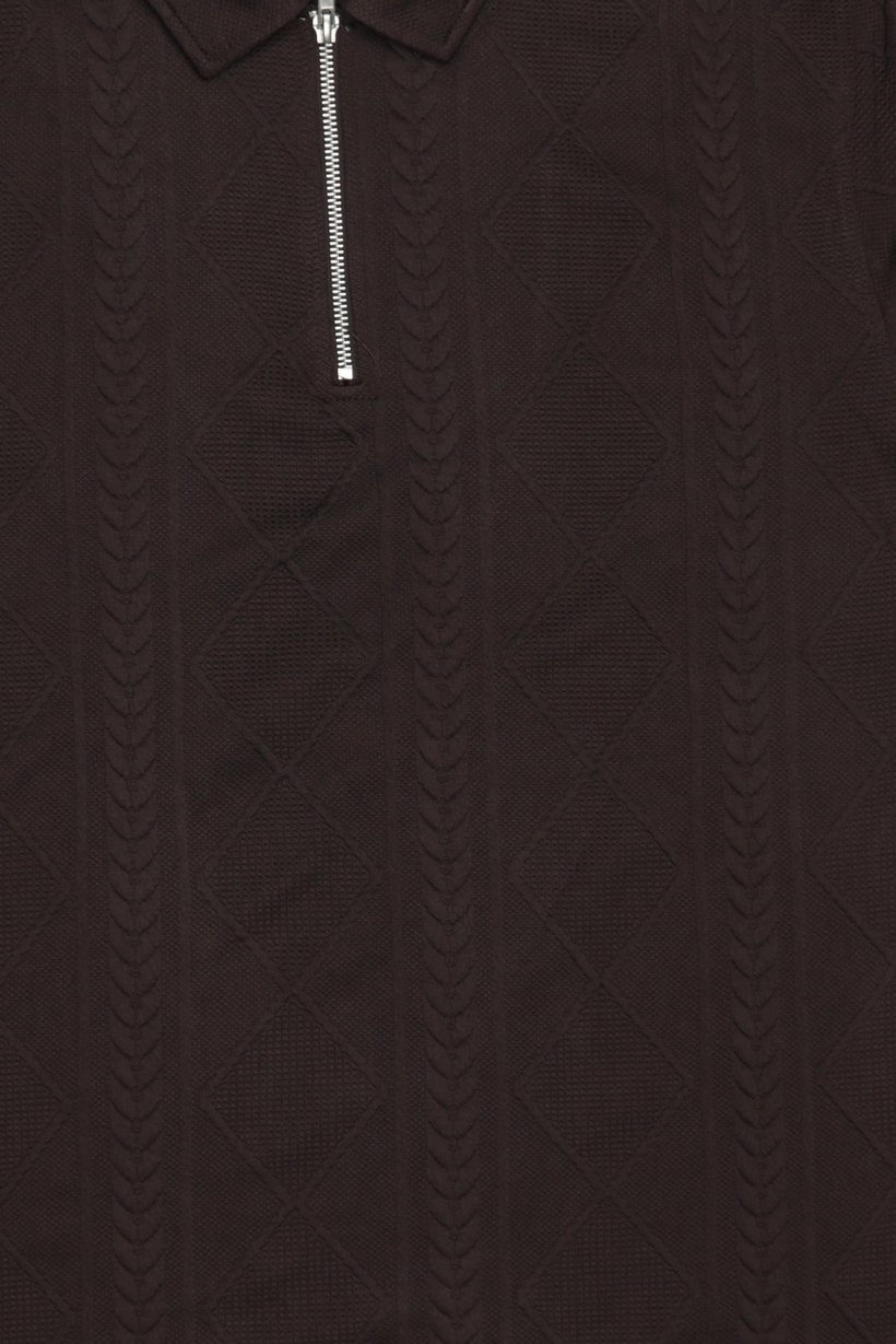 Men Regular Fit Textured Short Sleeve Half Zip Polo, Chocolate Brown