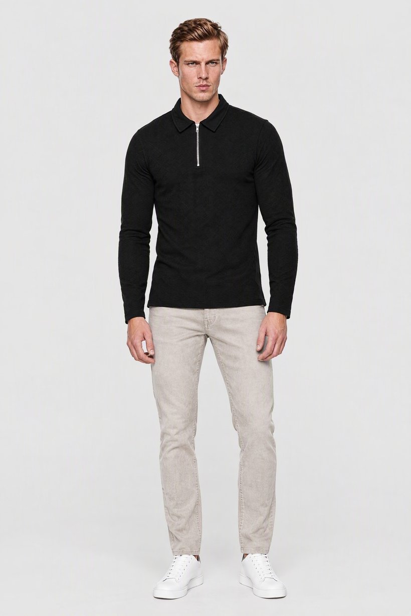 Men Regular Fit Half Zipper Long Sleeve Textured Polo Shirt, Navy