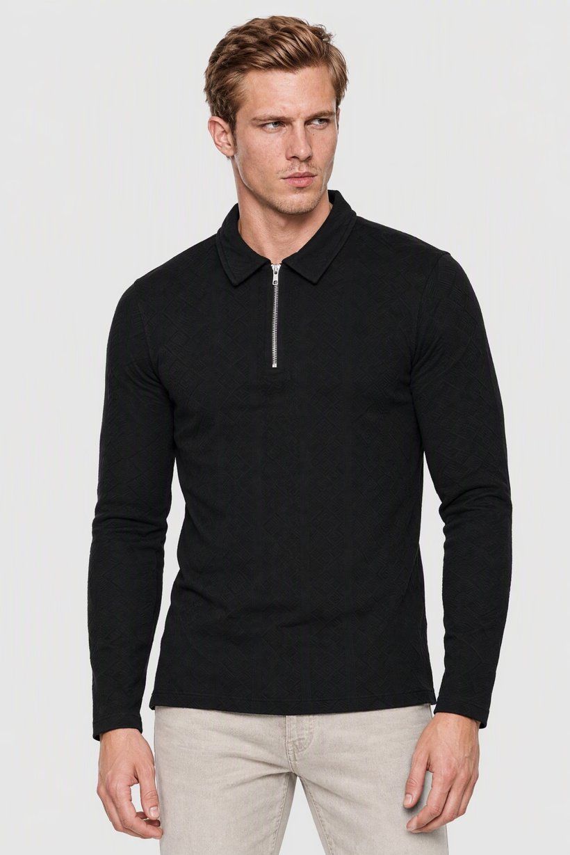 Men Regular Fit Half Zipper Long Sleeve Textured Polo Shirt, Navy