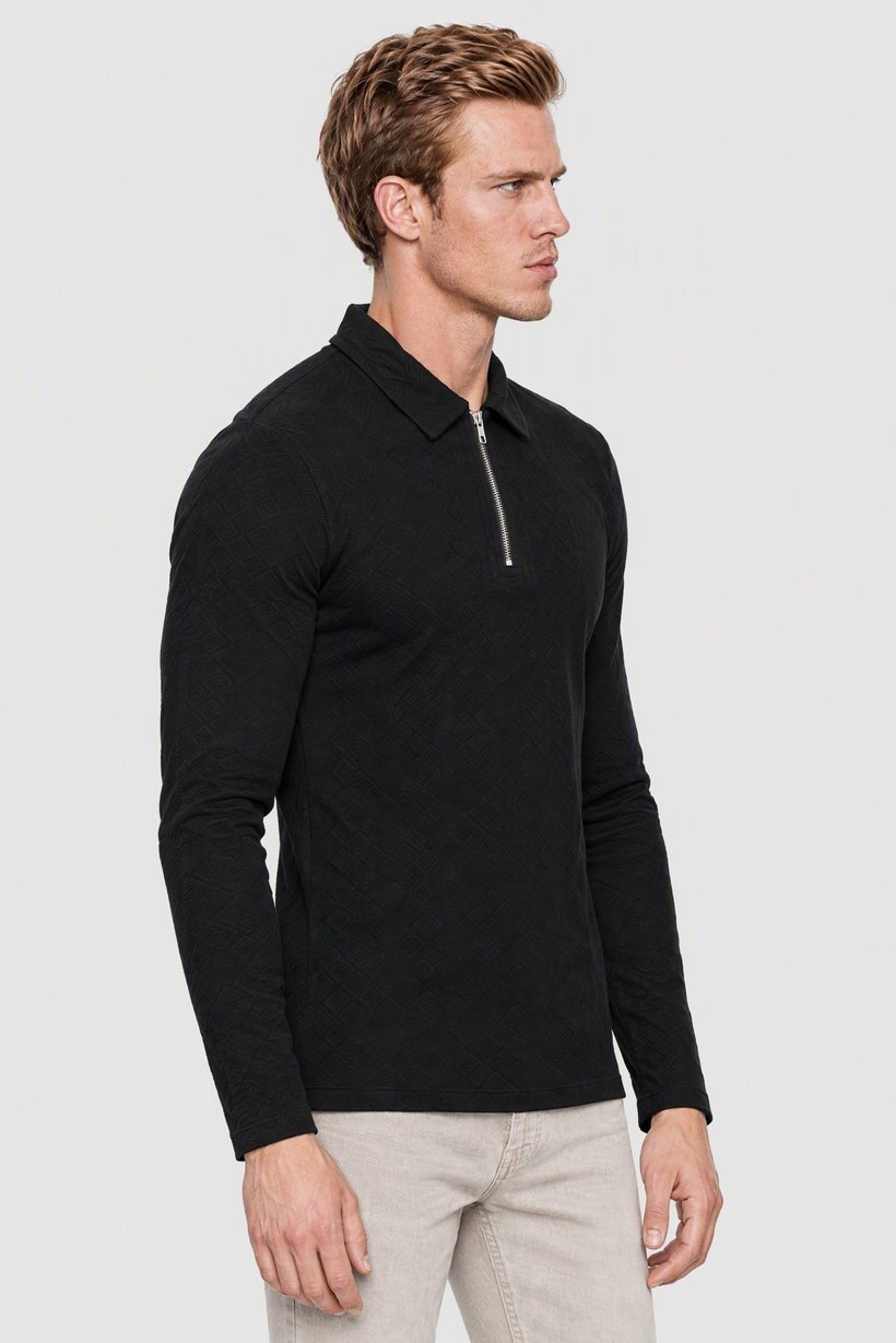 Men Regular Fit Half Zipper Long Sleeve Textured Polo Shirt, Navy